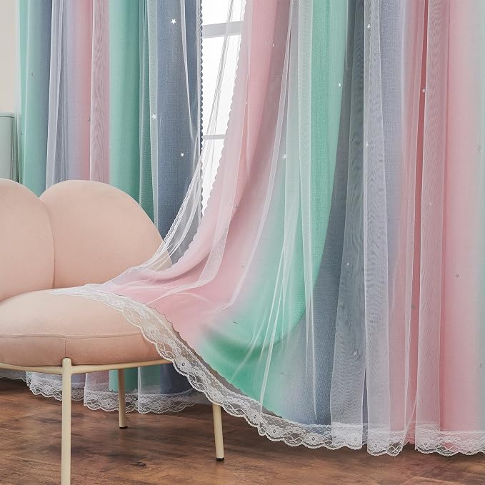 XiDi Curtains for Bedroom Decor, Rainbow Pinkgreen grey52/90 - Image 6