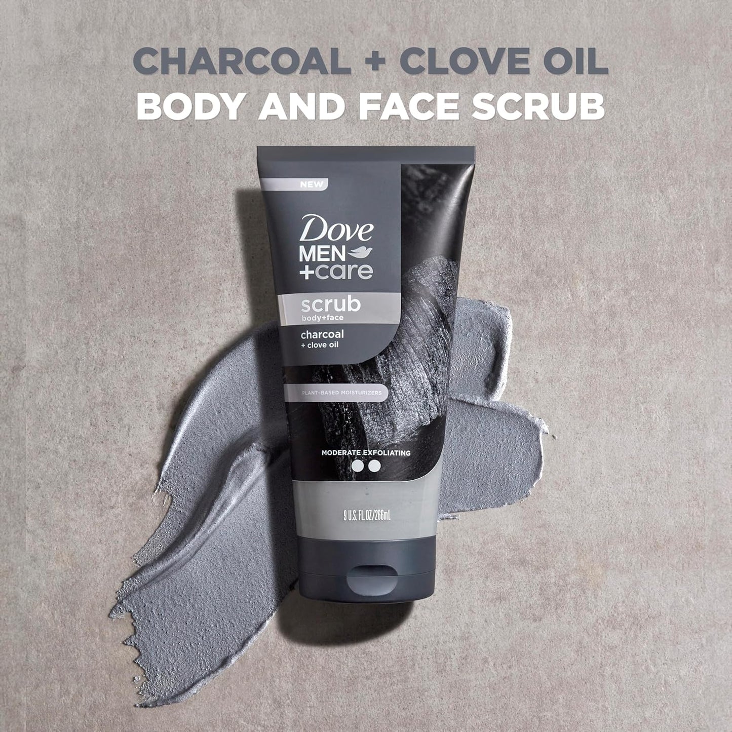 Dove Men+Care Body and Face Scrub Charcoal & Clove Oil Deeply Exfoliates for Hydrated & Nourished Skin 100% Gentle Cleanser, No Sulfate Cleansers or Parabens 9 oz