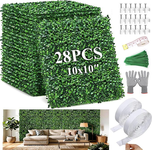 28Pcs Artificial Grass Wall Panels 10" x 10" Faux Boxwood Green Wall UV by Unknown