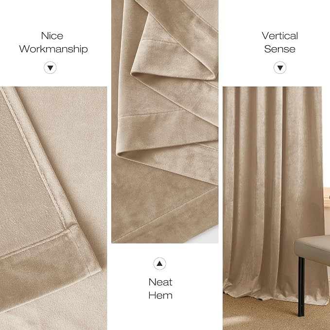 NICETOWN Beige Velvet Room Darkening Curtains, Home Decor Light Blocking - Image 6