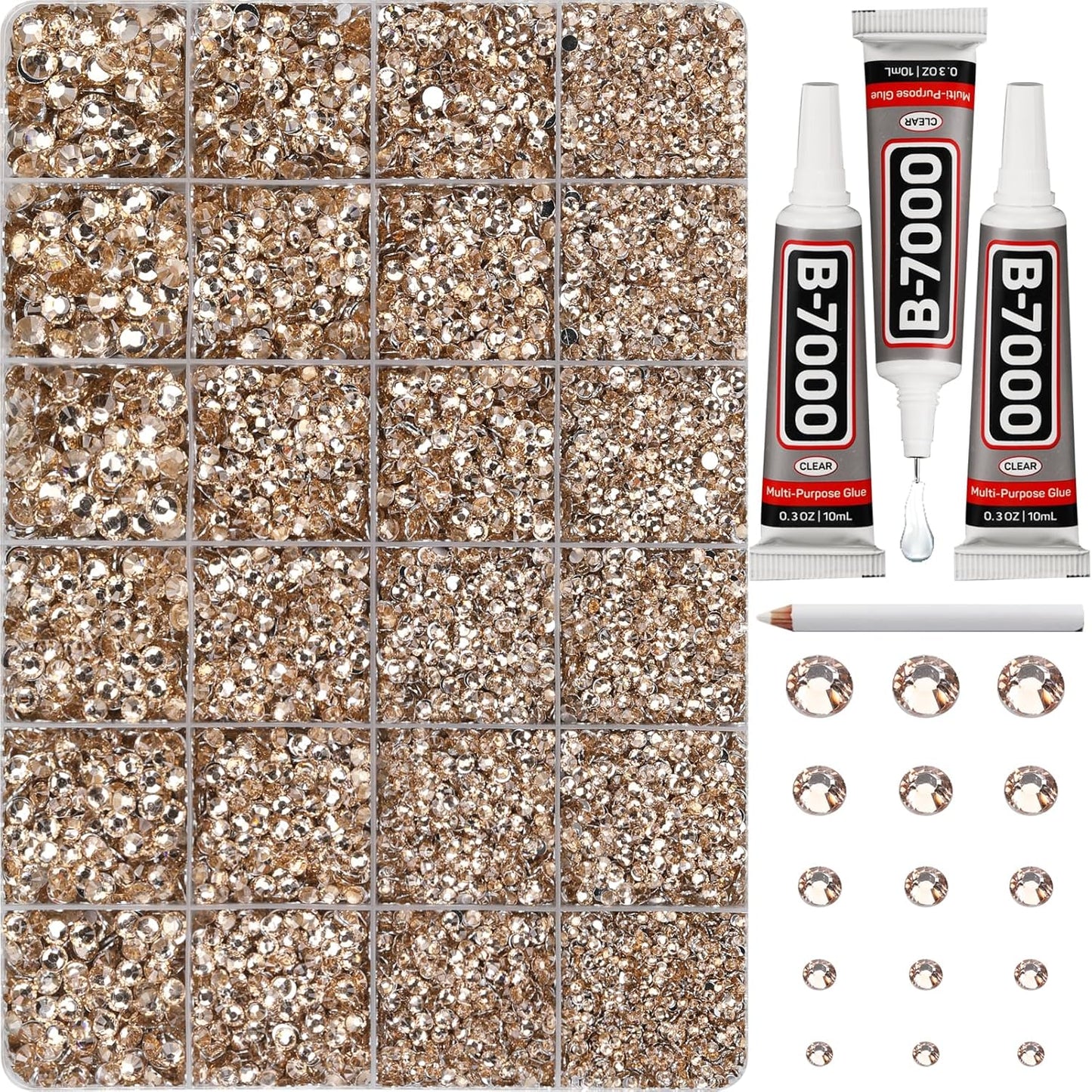 30000Pcs Resin Rhinestones Set for Crafting Bedazzling, Champagne Flatback Gems Jewels for Crafts Clothes Shoes Fabric Outfit Nails Makeup, Flat Back Crystal 2-6mm with b 7000 Glue