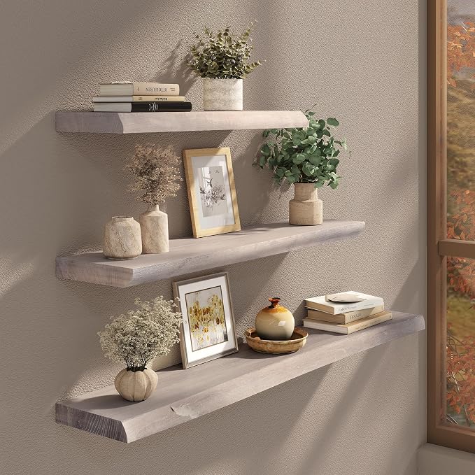 Live Edge Floating Shelves Set of 2, 24 Inch Solid Elm Wood Wall Shelves - Image 2