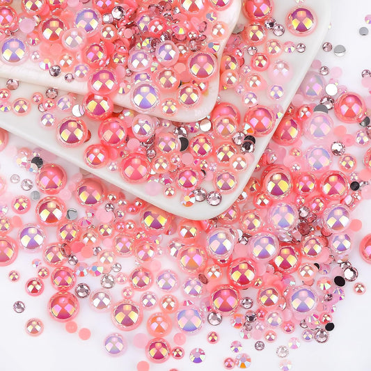 60g Pale Pink Flat Back Pearls Rhinestones for Crafts Mixed Size 3mm-10mm AB Color Round Half Pearls Flatback Pearl Beads and Resin Rhinestones Set for Face Art with Gle