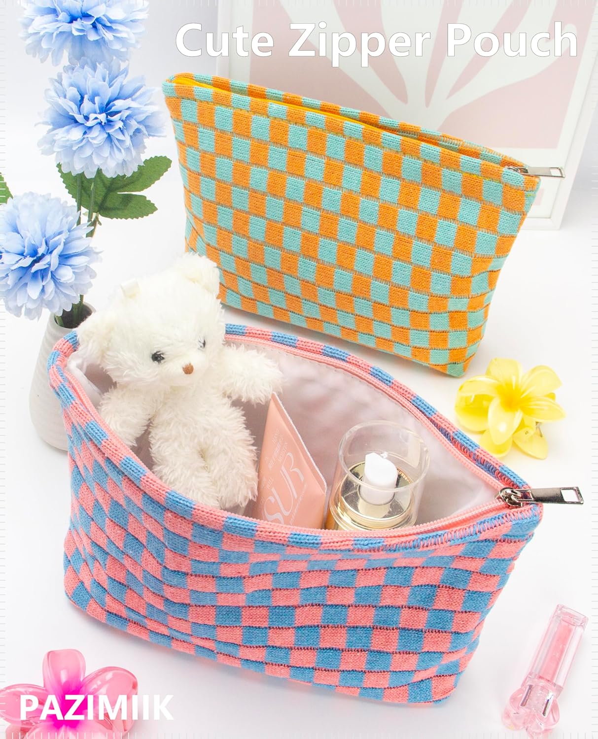 PAZIMIIK Knitted Checkered Makeup Bag Large Zipper Make Up Accessory Pouch for Purse Cosmetic Brush Bag for Travel Red Blue