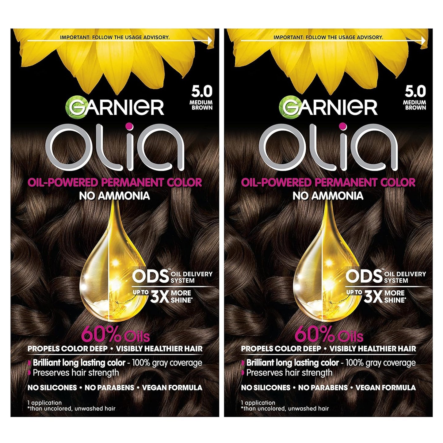 Garnier Hair Color Olia Ammonia-Free Brilliant Color Oil-Rich Permanent Hair Dye, 5.0 Medium Brown, 2 Count (Packaging May Vary)