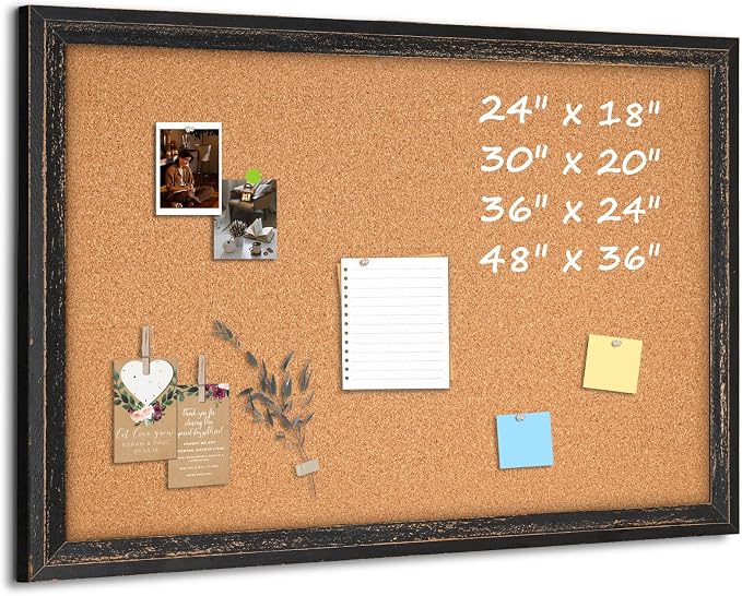 Cork Board Bulletin Board, Rustic Black Wooden Frame, Decorative Hanging Pin by QUEENLINK