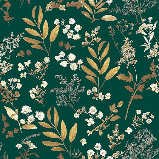 Laatse Dark Green Floral Wallpaper Peel and Stick Green Golden Leaf Wallpaper by Laatse