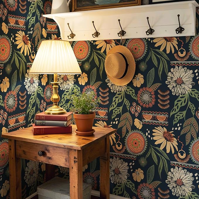 Simon&Siff Boho Peel and Stick Wallpaper, 17.3" x 800" Blue Sun Floral Retro - Image 4