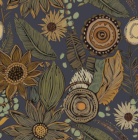 Boho Wallpaper Peel and Stick, Vintage Blue Yellow Floral Contact Paper by Laatse