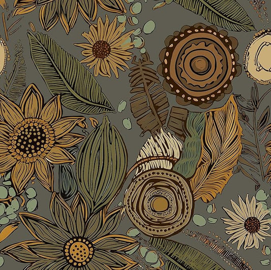 Grey Boho Wallpaper Peel and Stick, Vintage Yellow Green Floral Contact Paper by Laatse